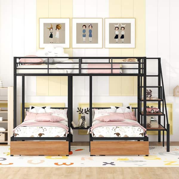 Black Full Over Twin Bunk Bed with drawers and staircase