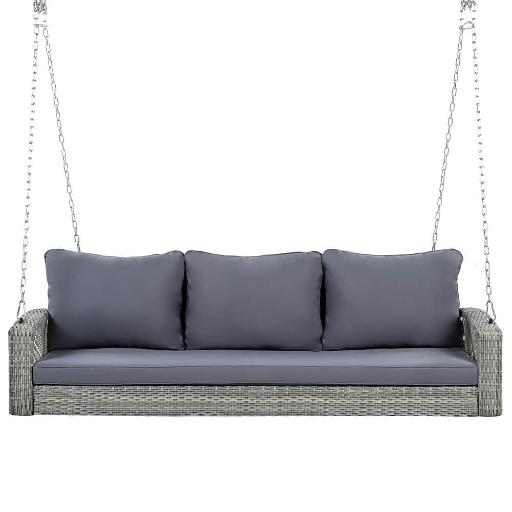 3-Person Wicker Porch Swing Bench with Gray Cushions