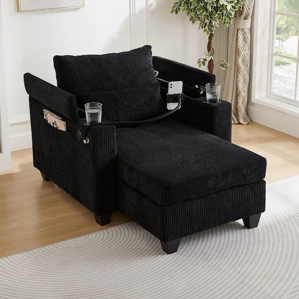 Black Corduroy Convertible Chaise Lounge 37.4 in. Single Sofa Chair with Storage Armrest, USB Ports, Phone Holder