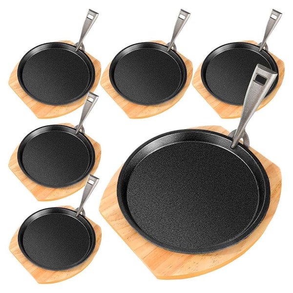 6-Piece Cast Iron Fajita Plate Set Pre-Seasoned with Wooden Base Removable Handle Nonstick Grill Kitchen Utensils Set