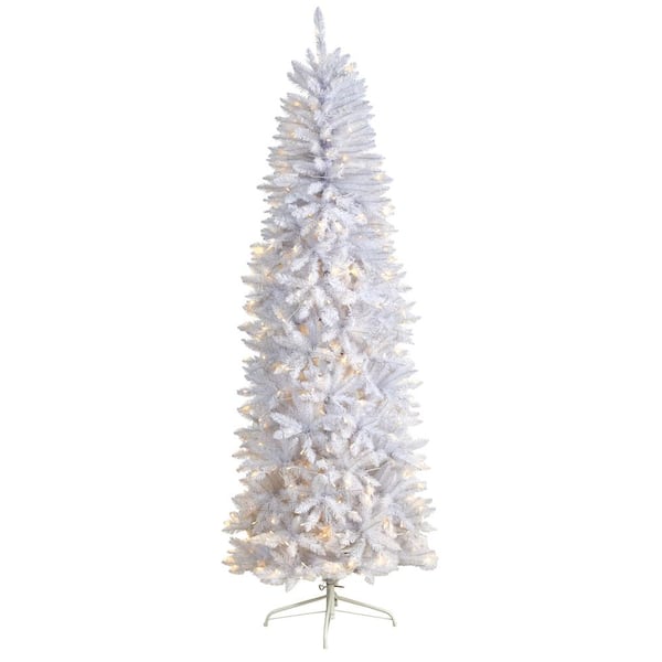 Nearly Natural 7 ft. White Pre-Lit LED Slim Artificial Christmas Tree with 300 Warm White Lights
