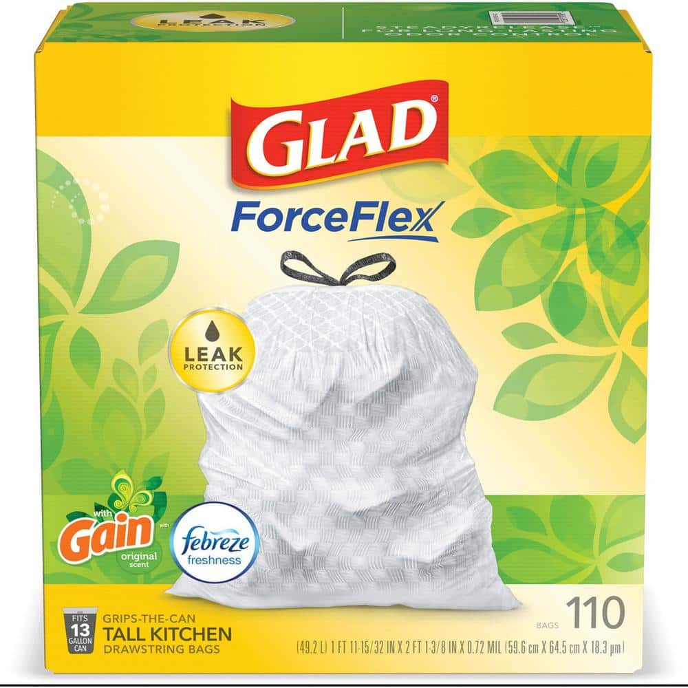 Glad  CLO79114  ForceFlex Tall Kitchen Drawstring Trash Bags  110 / Box  White  13 gal