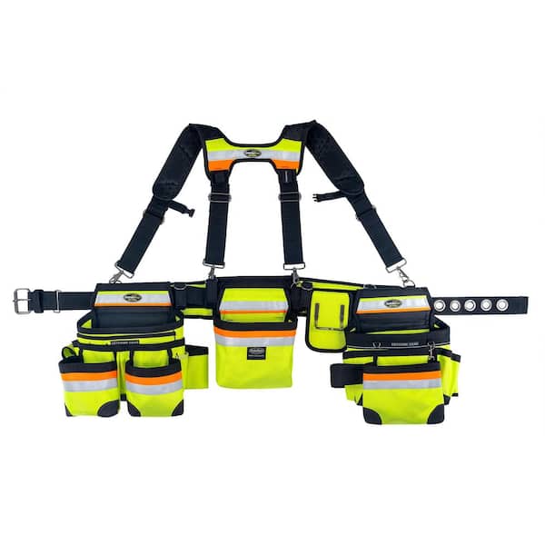 Hi-Visibility 3-Bag Framer's Tool Belt with Suspenders Suspension Rig with 29-Pockets