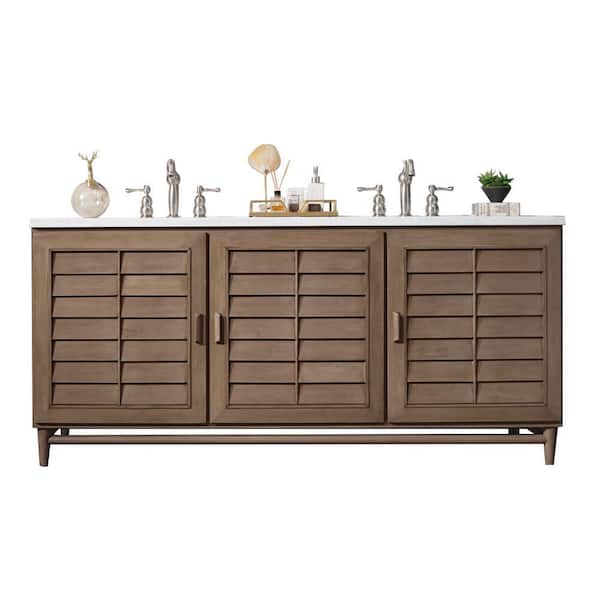 James Martin Vanities Portland 72 in. W x 23.5 in.D x 34.3 in. H Double Vanity in Whitewashed Walnut with Marble Top in Carrara White