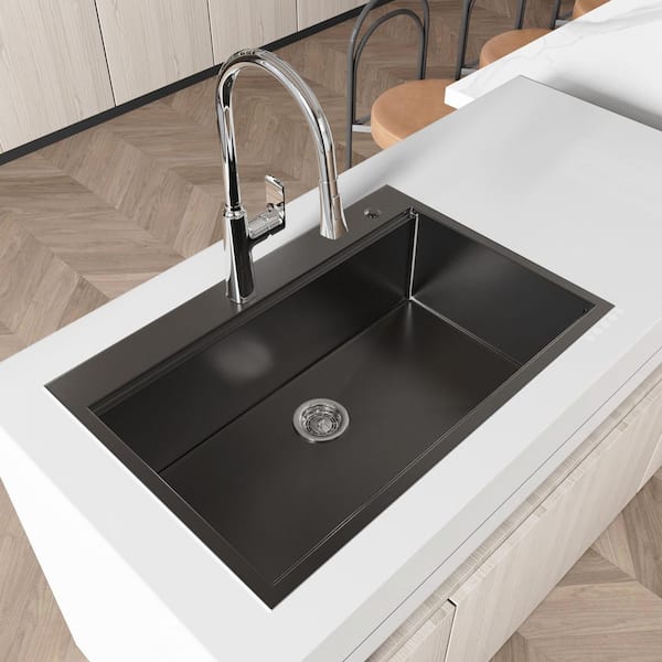 MEDUNJESS TMS 33 in. L x 22 in. W Black Drop-in/Undermount Single Bowl Steel Kitchen Sink with Cutting Board, Colander, Grid