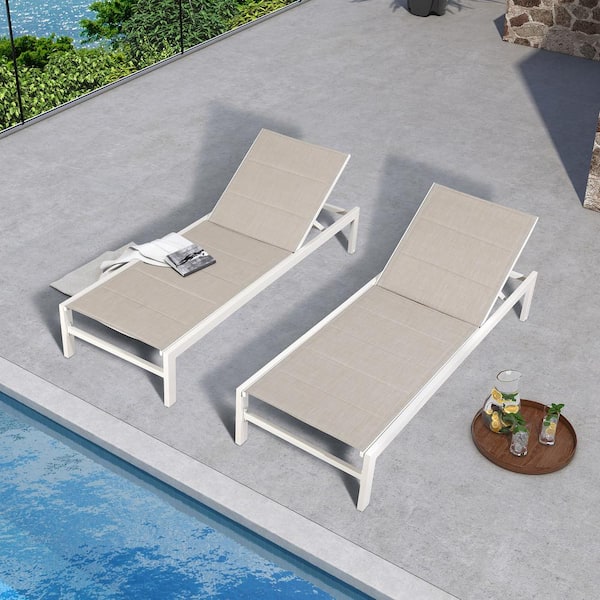 ULAX FURNITURE Patio 2-Piece Aluminum Chaise Lounge with 5-Position Backrest in Beige