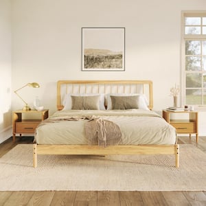 Mid-Century Modern Beige Solid Wood Frame King Platform Bed