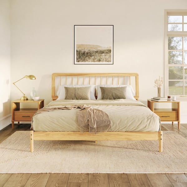 Welwick Designs Mid-Century Modern Beige Solid Wood Frame King Platform Bed