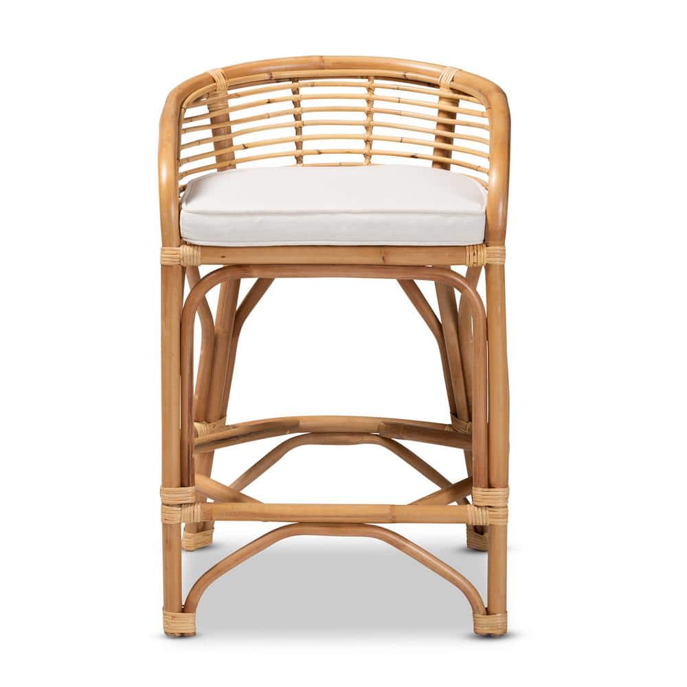 Tropical Oasis White Fabric and Natural Rattan Counter Stool