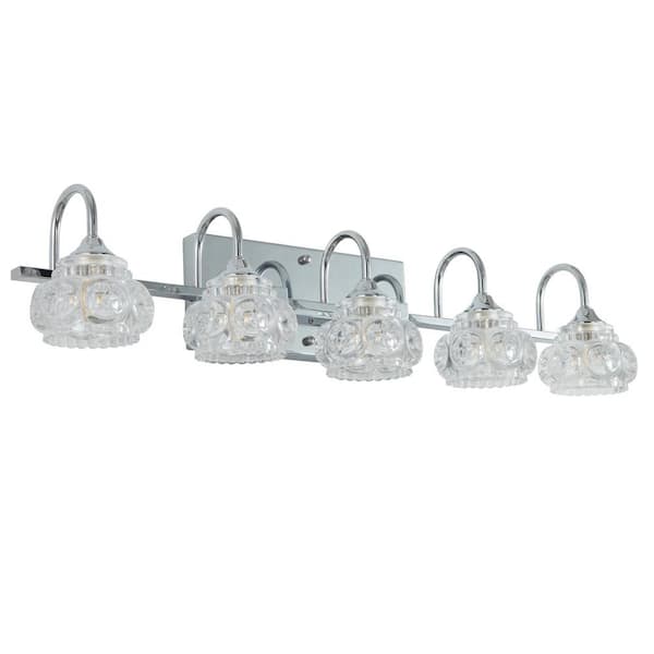 HKMGT Retro 29.1 in. 5-Light Gold Bathroom Vanity Light with Crystal Glass Shade