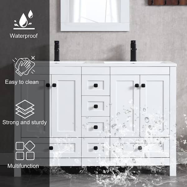 48 in. W. x 18 in. D x 34 in. H Double Sink Bath Vanity in White with White Resin Top and Drain Faucet Set