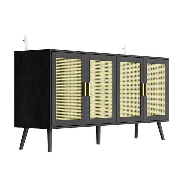 FUFU&GAGA Black and Yellow Wooden 63 in. Width Sideboard, Storage Cabinet with 4 Shelves and Rattan Weaving Doors