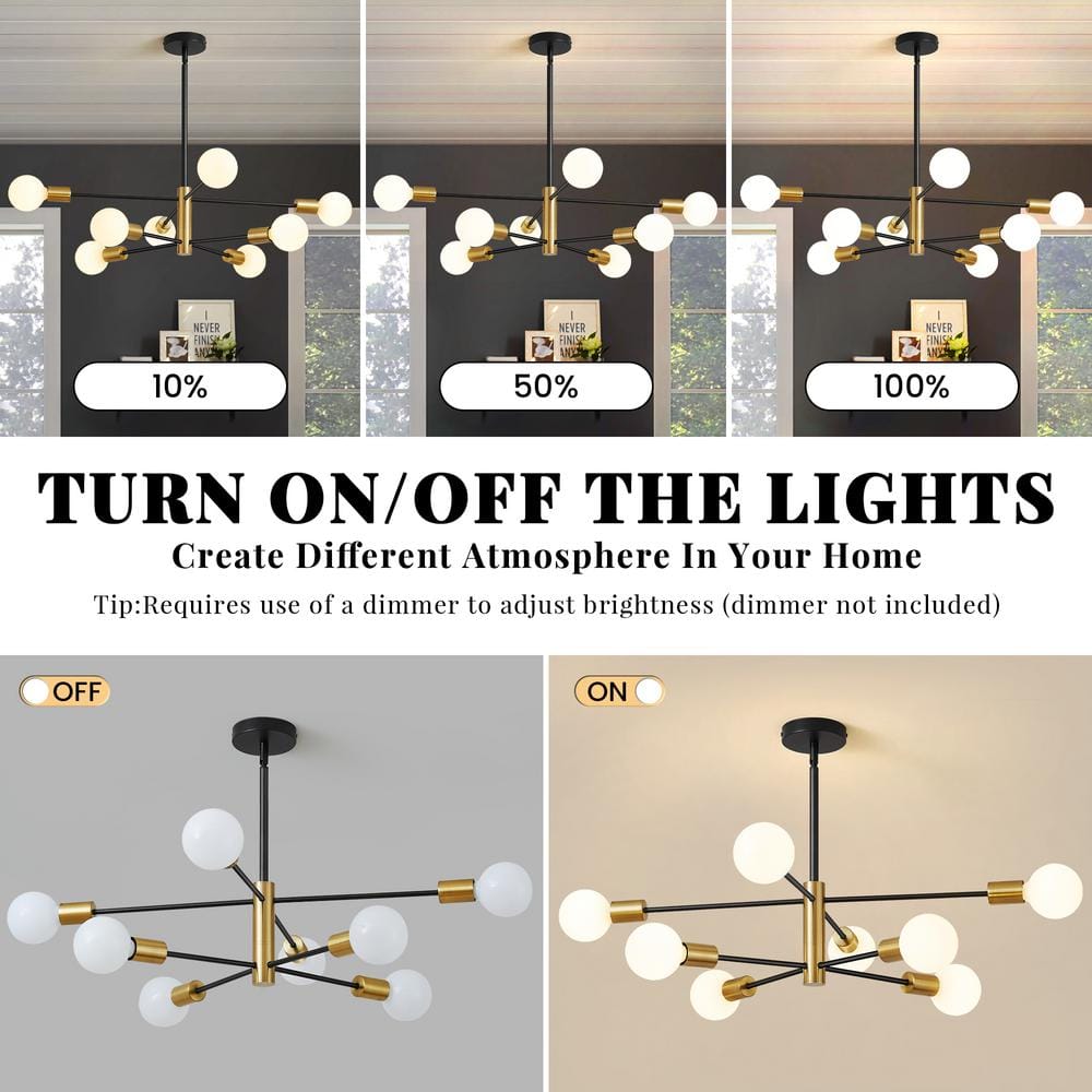 Black and Gold 8-Light Sputnik Chandelier with Adjustable Height
