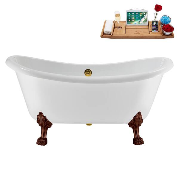 Streamline 59 in. x 28 in. Acrylic Clawfoot Soaking Bathtub in Glossy White Polished Gold Drain, Matte Oil Rubbed Bronze Clawfeet