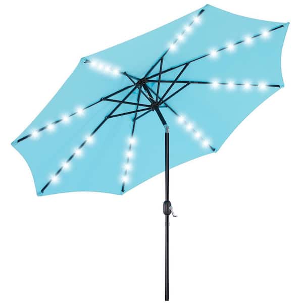FIRNEWST 10ft Solar Polyester 32 LED Lighted Patio Umbrella with Tilt Adjustment and UV-Resistant Fabric in Blue