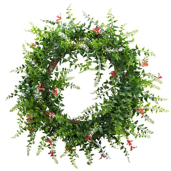 Nearly Natural 18 in. Artificial Floral and Fern Double Ring Wreath with Twig Base