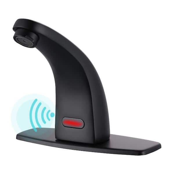 Automatic Sensor Touchless Single Hole Bathroom Faucet with Battery Operated Temperature Mixer and Deckplate in Black