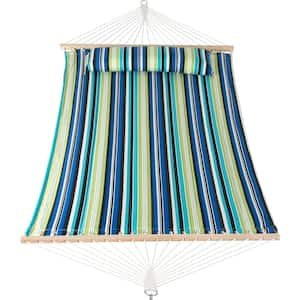 Double Hammock Quilted Fabric Swing with Spreader Bar, Detachable Pillow, 55" x 79" Large Hammock, Green Stripes