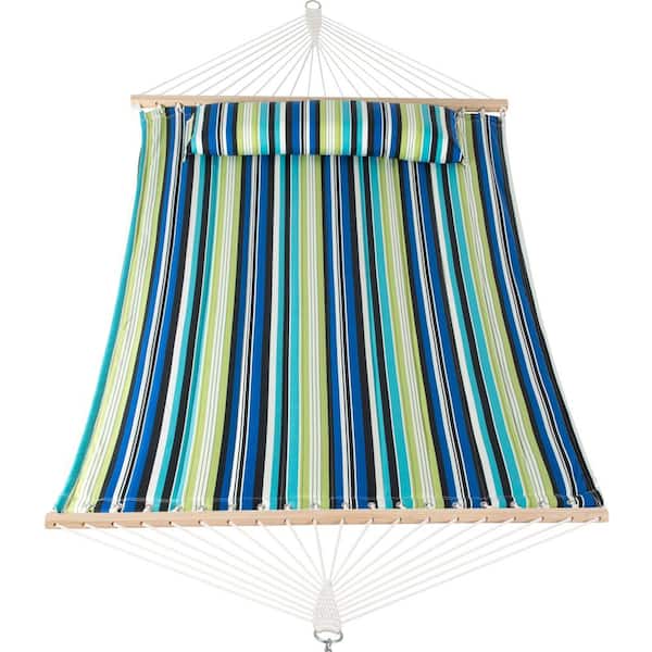 Atesun Double Hammock Quilted Fabric Swing with Spreader Bar, Detachable Pillow, 55" x 79" Large Hammock, Green Stripes