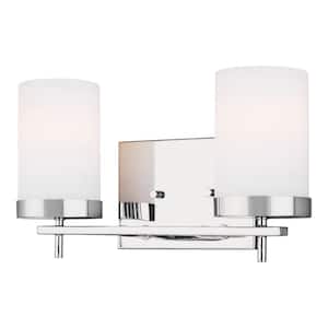 Zire 14 in. W 2-Light Chrome Vanity Light with Etched White Glass Shades with LED Bulbs
