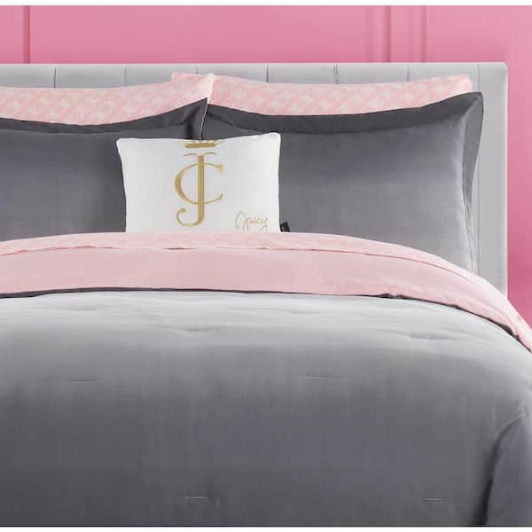 Ombre 8-Piece Gray/Pink Reversible Microfiber Queen Comforter Set