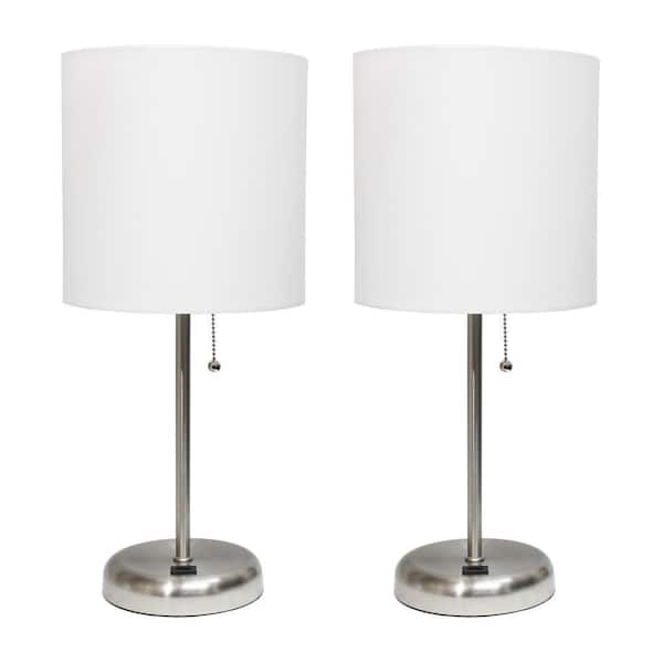 Simple Designs 19.5 in. Stick Lamp with USB Charging Port and Fabric Shade, White (2-Pack Set)