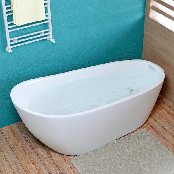 Magic Home 59 in. cUPC Certified Acrylic Freestanding Soaking Bathtub with Brushed Nickel Overflow and Drain, White