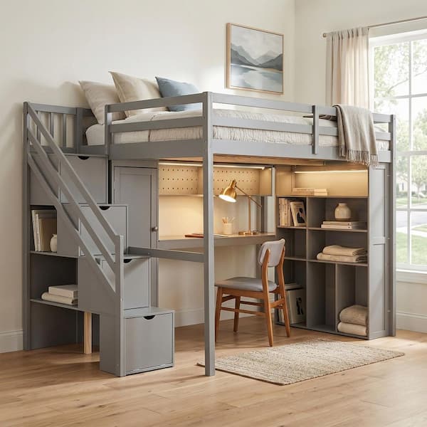 Grey Full Wood Loft Bed with Built-In Wardrobe, Study Desk, Storage Shelves and Lights