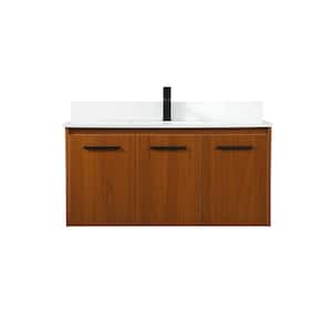 Timeless 40 in. W Single Bath Vanity in Teak with Engineered Stone Vanity Top in Ivory with White Basin with Backsplash