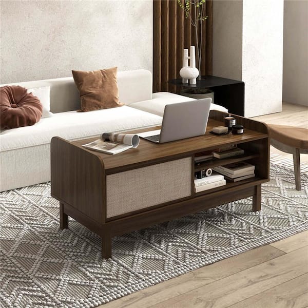 39.5 in. Walnut Rectangle Wood Coffee Table with Storage Weaving Sliding Door and Adjustable Shelf