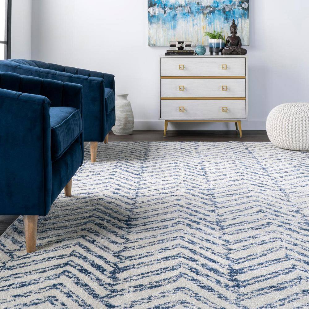 Reversible Geometric Blue Round Easy-Care Synthetic Rug