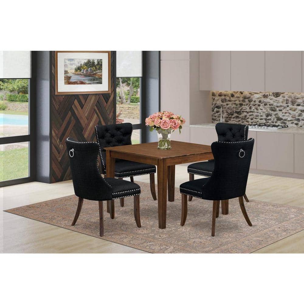 5-Piece Antique Walnut Finish Solid Wood Top - Square Upholstered Dining Room Set - Seats 4
