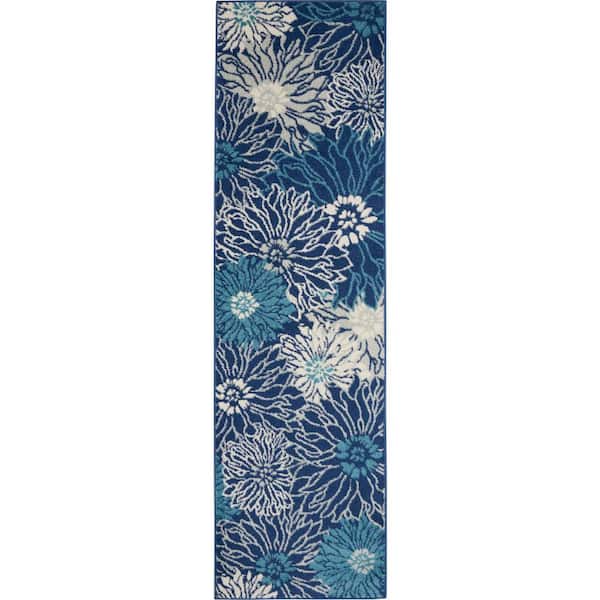 Nourison Passion Navy/Ivory 2 ft. x 8 ft. Floral Contemporary Kitchen Runner Area Rug