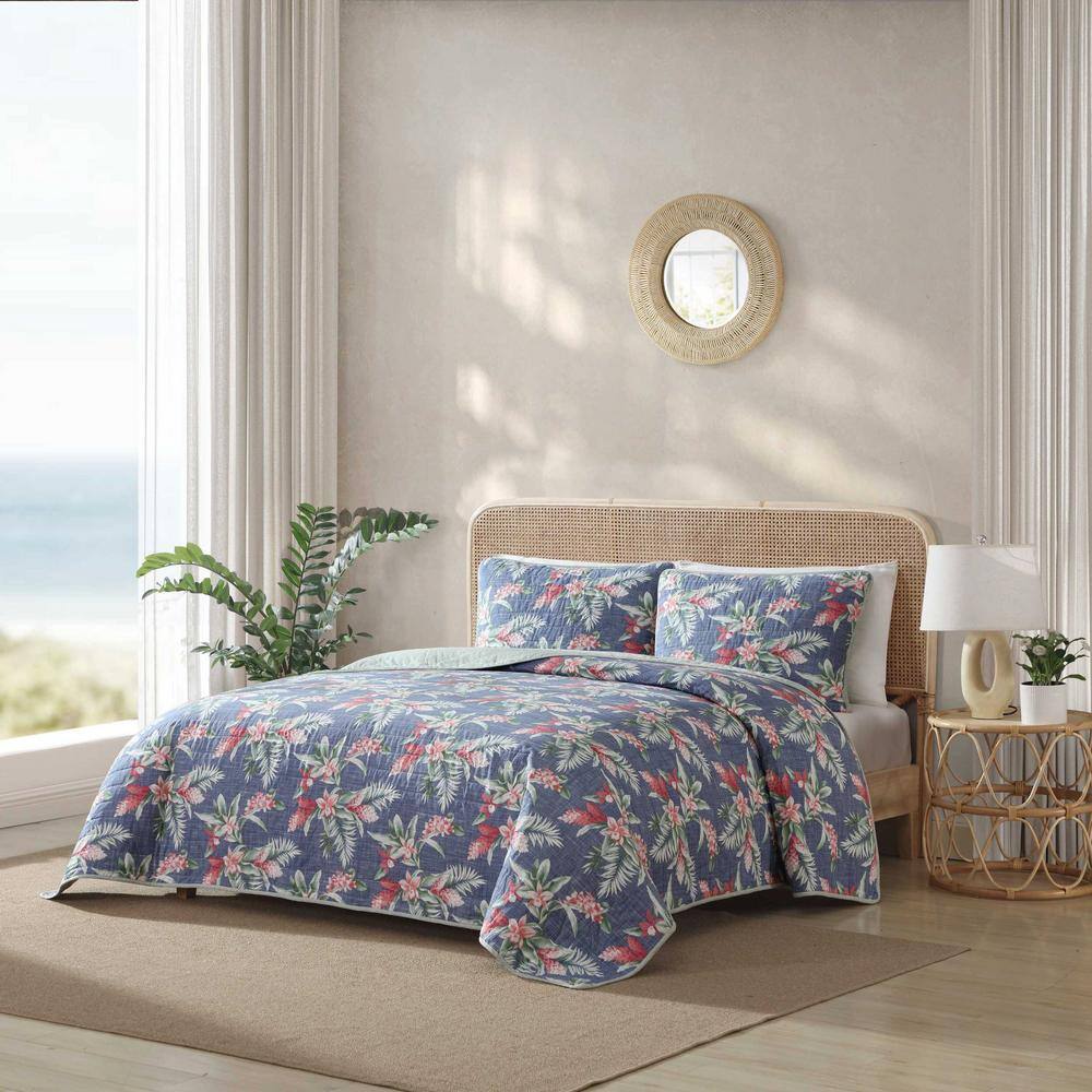 Navy Cotton Reversible King Quilt Set with Botanical Print