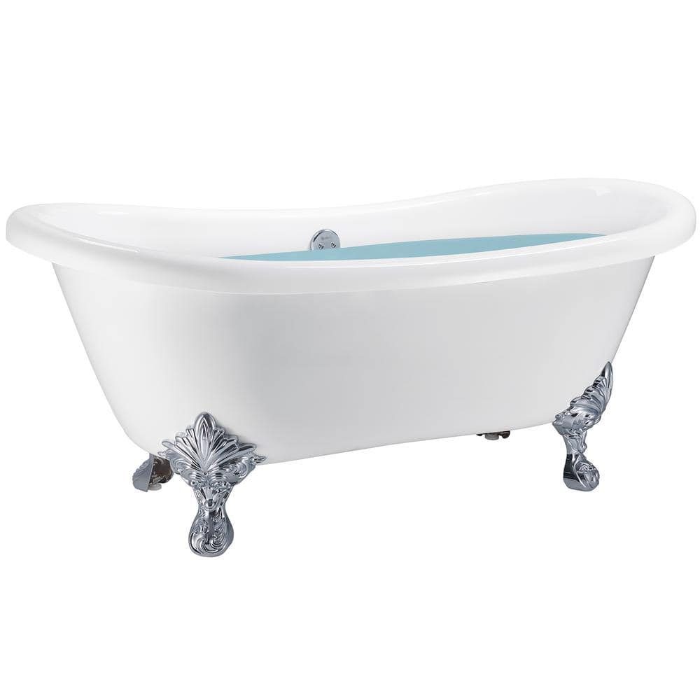 59 in. Fiberglass Double Slipper Clawfoot Non-Whirlpool Bathtub in Glossy W