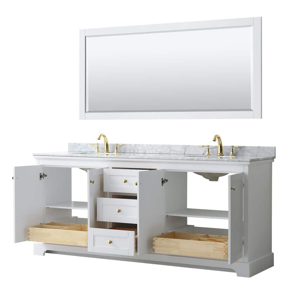 Avery 80'' White Double Bathroom Vanity with Carrara Marble Top & Brushed Gold Trim