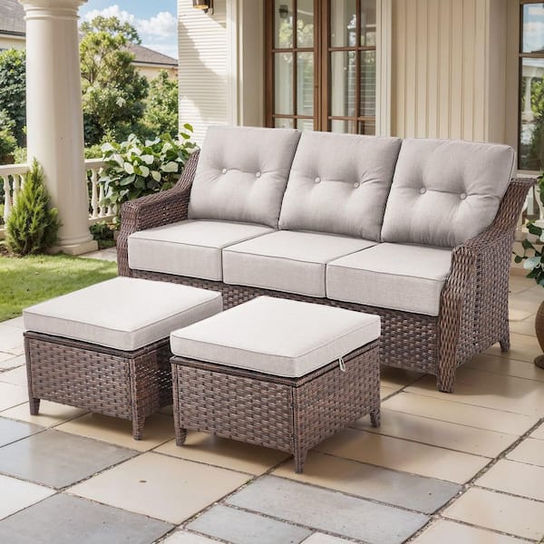 Modern Farmhouse 3-Seat Brown Wicker Outdoor Couch Set with 6 In. Beige Olefin Cushions /Patio Ottomans（3-Piece）
