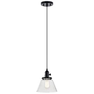 Avery 8 in. 1-Light Black Farmhouse Shaded Kitchen Cone Mini Pendant Light with Clear Seeded Glass