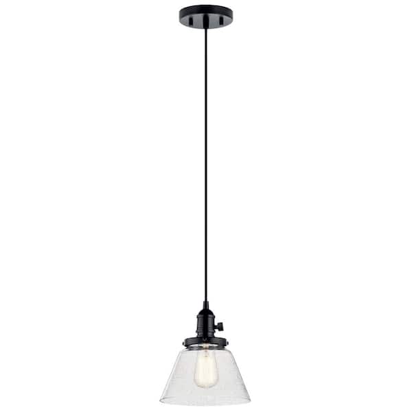 KICHLER Avery 8 in. 1-Light Black Farmhouse Shaded Kitchen Cone Mini Pendant Light with Clear Seeded Glass