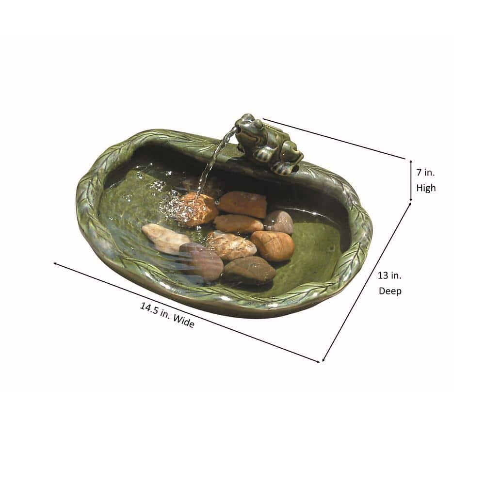 Green Glazed Ceramic Solar Powered Frog Tabletop Fountain