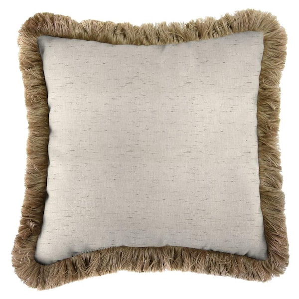 Jordan Manufacturing Sunbrella Frequency Parchment Square Outdoor Throw Pillow with Heather Beige Fringe