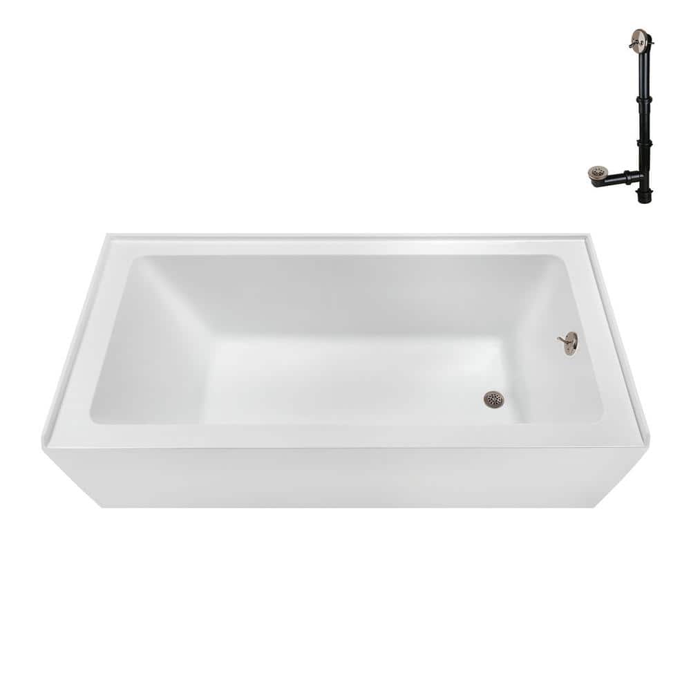 Glossy White Acrylic Right-Hand Drain Alcove Bathtub with Brushed Nickel Drain