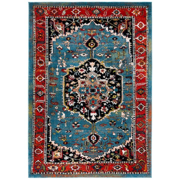 Vintage Hamadan 7 ft. x 9 ft. Blue/Red Ornate Medallion Area Rug