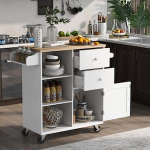 41.3 in. White Rubber Wood Kitchen Cart on 4 Wheels with 2-Drawers and 3 Open Shelves Kitchen Island Dinning Room