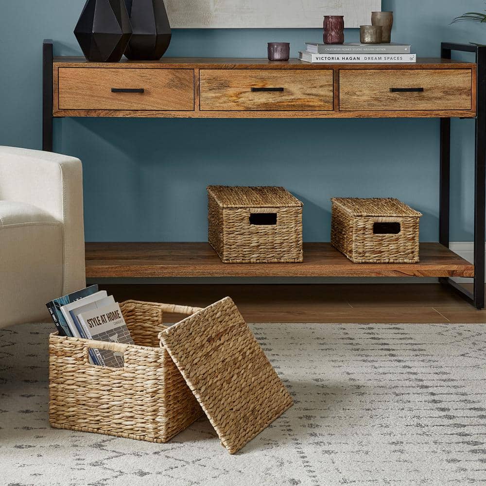 StyleWell Rectangular Bulrush Lidded Storage Basket (Set of 3) THD