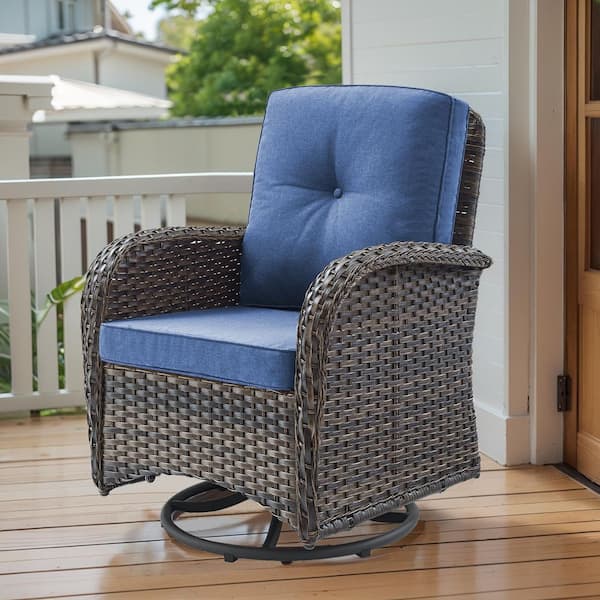 Brown Wicker Outdoor Rocking Chair, Patio Swivel Rocking Chair with Navy Blue Cushions for Porch or Balcony (1-Pack)