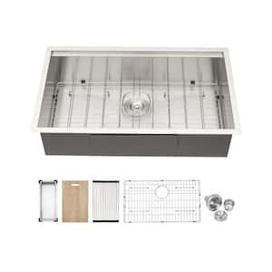 32 in. Undermount Single Bowl 18-Gauge Brushed Nickel Stainless Steel Kitchen Sink with Workstation