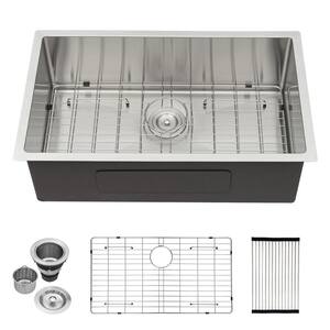 Undermount 35 in. x 19 in. Single Bowl 16 Gauge Stainless Steel Kitchen Sink with Basket Strainer and Sink Gird