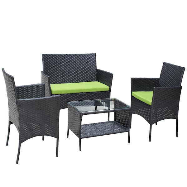 HOTEBIKE 4-Piece Rattan Wicker Outdoor Sectional Set with Green Cushions and Tea Table