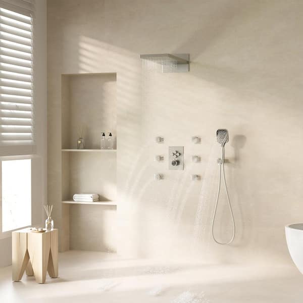 4-Spray 22 in. Rectangular Wall Mounted Dual Shower Head and Handheld Shower Head 2.5 GPM in Brushed Nickel